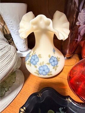 Fenton signed Cream Ruffled Glass Vase with Blue Floral Design